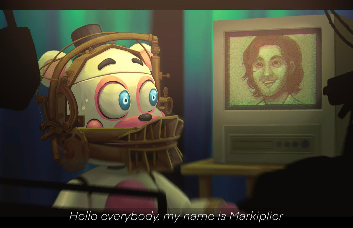 Helpy from FNAF Help Wanted 2 being tortured by Markiplier via Saw's Reverse Bear Trap.