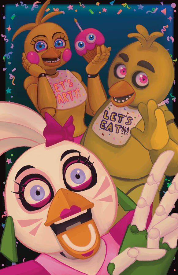 I Love Chica 3 Versions of Chica. (Glamrock, FNAF 1&2) posing for the camera.